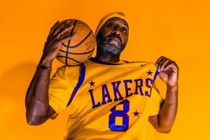 man wearing a lakers jersey